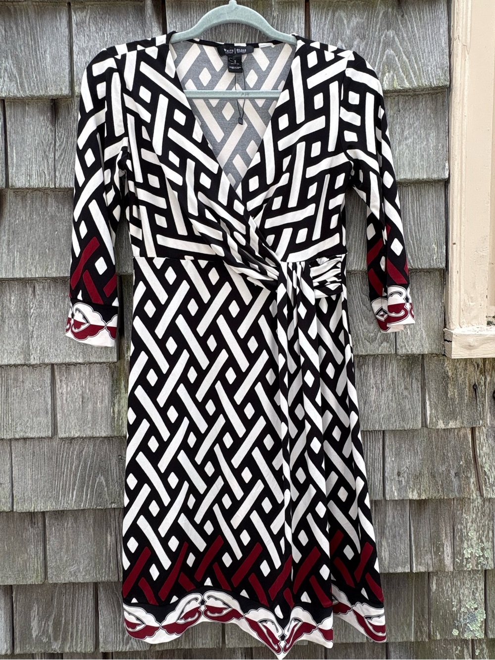 Anne Klein Black White Geometric Midi Dress with Burgundy Trim